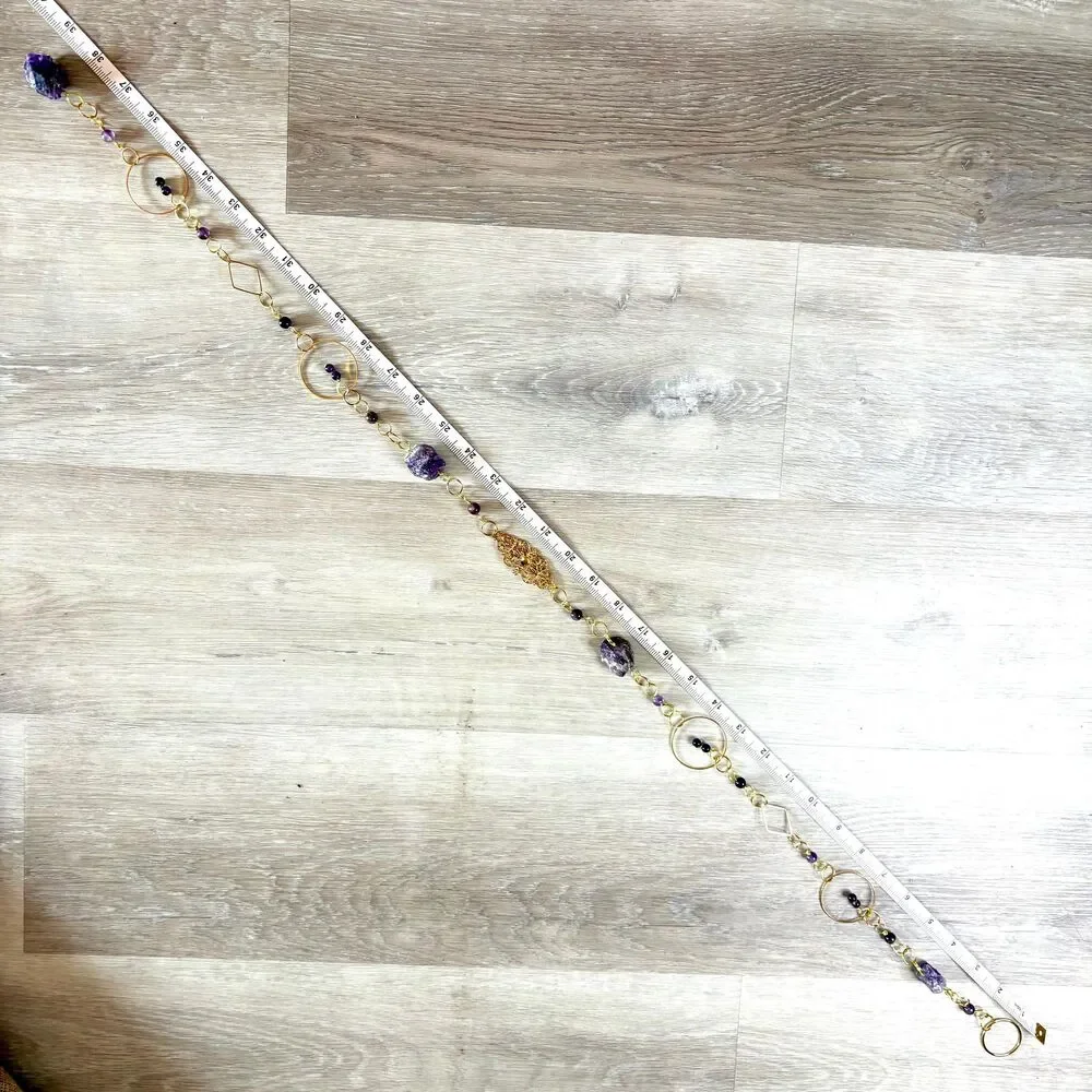 Raw Amethyst and Amethyst Bead Gemstone Wall Hanging Gold Filigree